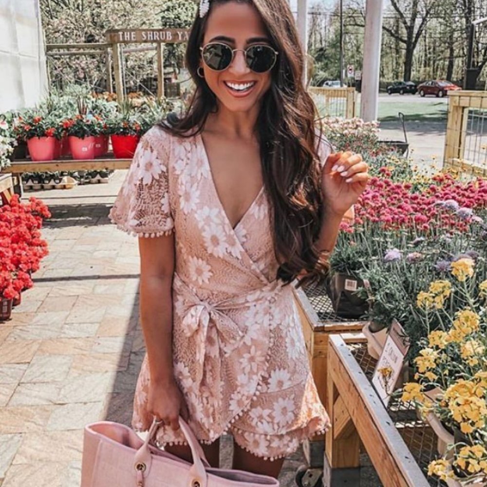 🦋 GOODNIGHT MACAROON Vincy Pink Floral Laced Wrap Mini Dress Coquette Small